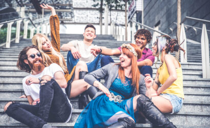 Friends meeting outdoors